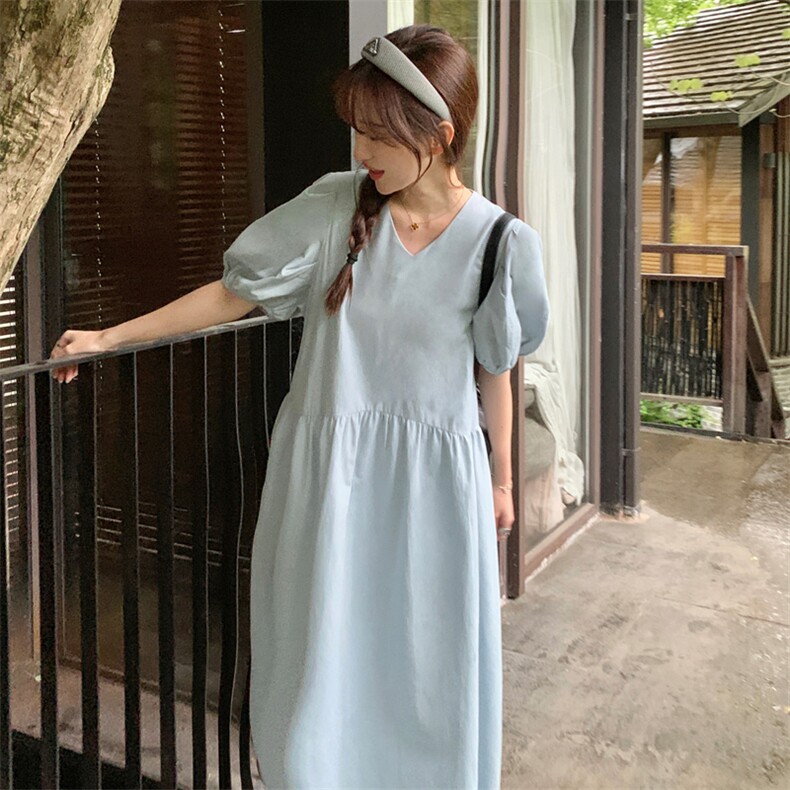浅蓝色泡泡袖v领连衣裙女2024夏季新款法式简约气质宽松过膝长裙,女装连衣裙,浙宝192（原082）