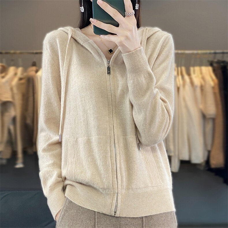 25秋冬新款100%纯羊毛开衫女连帽拉链带兜外套毛衣宽松羊绒衫外搭,女装羊毛衫,邦太羊绒