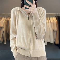25秋冬新款100%纯羊毛开衫女连帽拉链带兜外套毛衣宽松羊绒衫外搭，女装羊毛衫，邦太羊绒