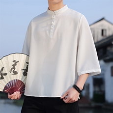 2025新款夏季风纯色立领上衣盘扣休闲T恤宽松潮流男T2505-P45，男装T恤，电商A008