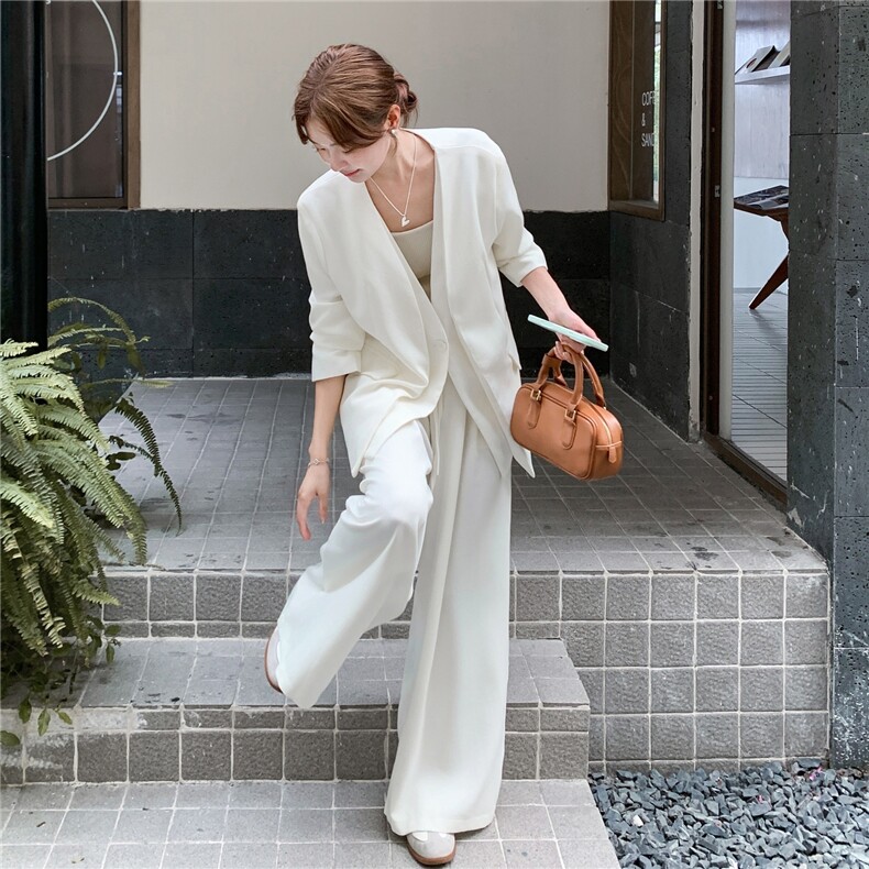 白色韩系拼接件V领西服淡人套装女2025秋季高腰宽松阔腿裤两件套,女装套装/套裙,2C201