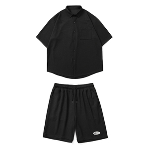 TZ65356/P55华夫格短袖套装男装衬衫衬衣短裤两件套白底平铺控88图片