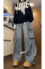 A1430TP55控88-秋冬数据款做旧飘带大口袋工装牛仔裤男直筒裤子，男装牛仔裤，电商B241