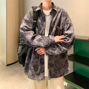 美式复古长袖印花衬衫男2024秋季灯芯绒衬衫外套S53P42