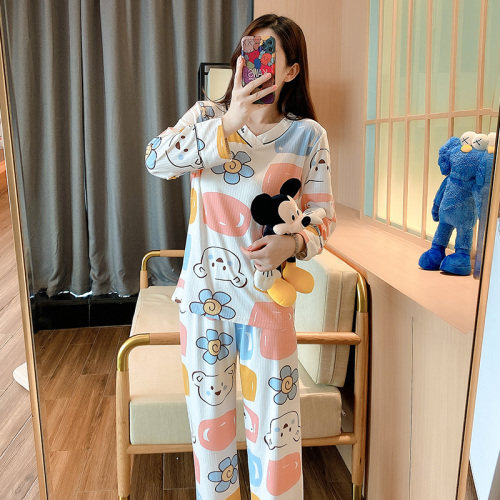 睡衣女秋季V领可爱家居服两件套装可外穿,居家内衣睡衣套装,潮品会