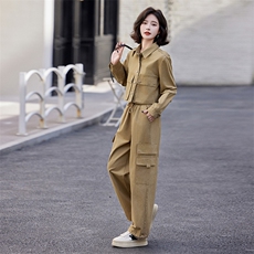 时尚休闲工装风两件套女宽松显瘦长袖上衣+高腰阔腿裤套装，女装套装/套裙，红依一坊