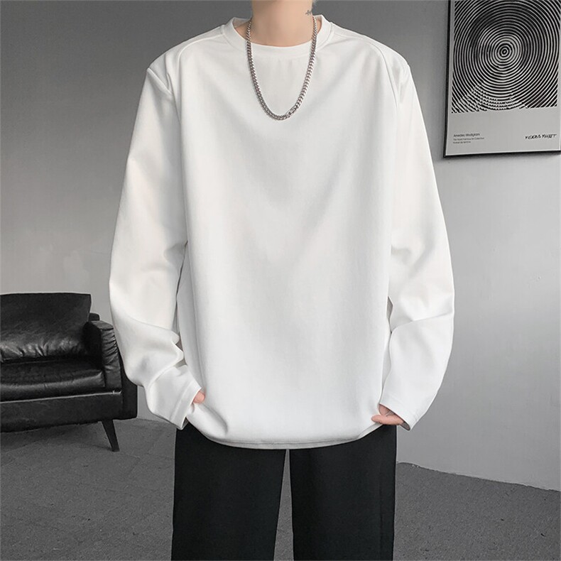 8XL-M重磅垫肩长袖T恤男设计感圆领卫衣正肩纯色打底衫DX329P48,男装T恤,电商D206-1