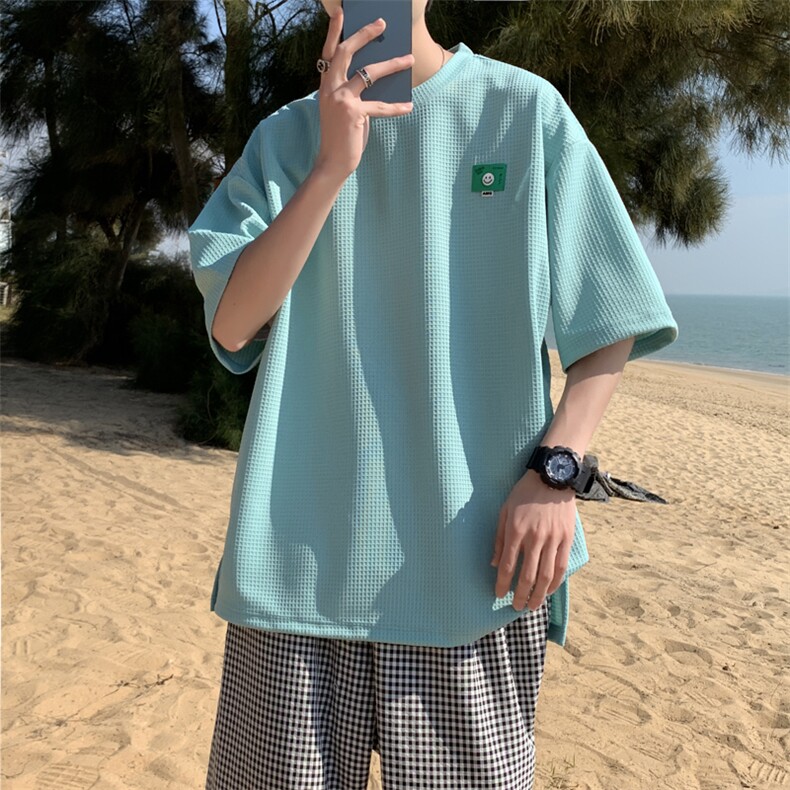 凹凸格绣标开叉短袖t恤 男女同款 021P35图片