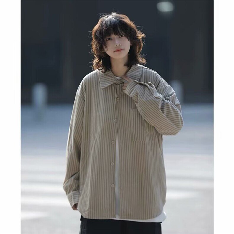条纹长袖衬衫女日系复古早初秋季衬衣外套高级设计感小众法式上衣,女装衬衫,星座506A
