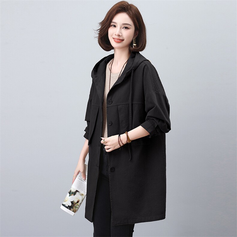 纯棉连帽风衣外套女2025春秋新款中年妈妈宽松大码中长款休闲大衣,女装风衣,独衣靓