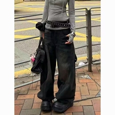 冬美式复古后背爱心印花宽松阔牛仔裤长裤男女L2045P53，男装牛仔裤，星座1112-1