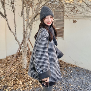 韩版通勤复古千鸟格编织中长款羽绒服女+围巾2025冬季氛围感外套图片