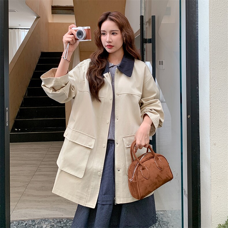 厚款气质韩版上衣春秋薄款风衣拼接女长袖纯色常规春秋小个子短款,女装短外套,浙宝305