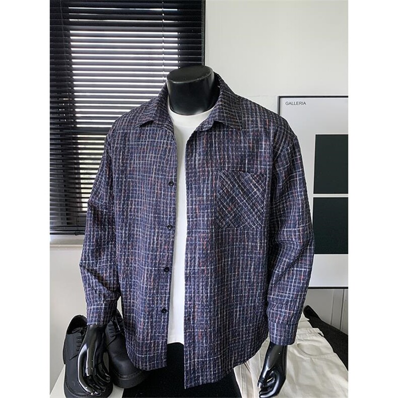新款肌理感泡泡纱格子翻领复古宽松衬衫外套男C5469-特P38控75，男装衬衫，电商A001-1