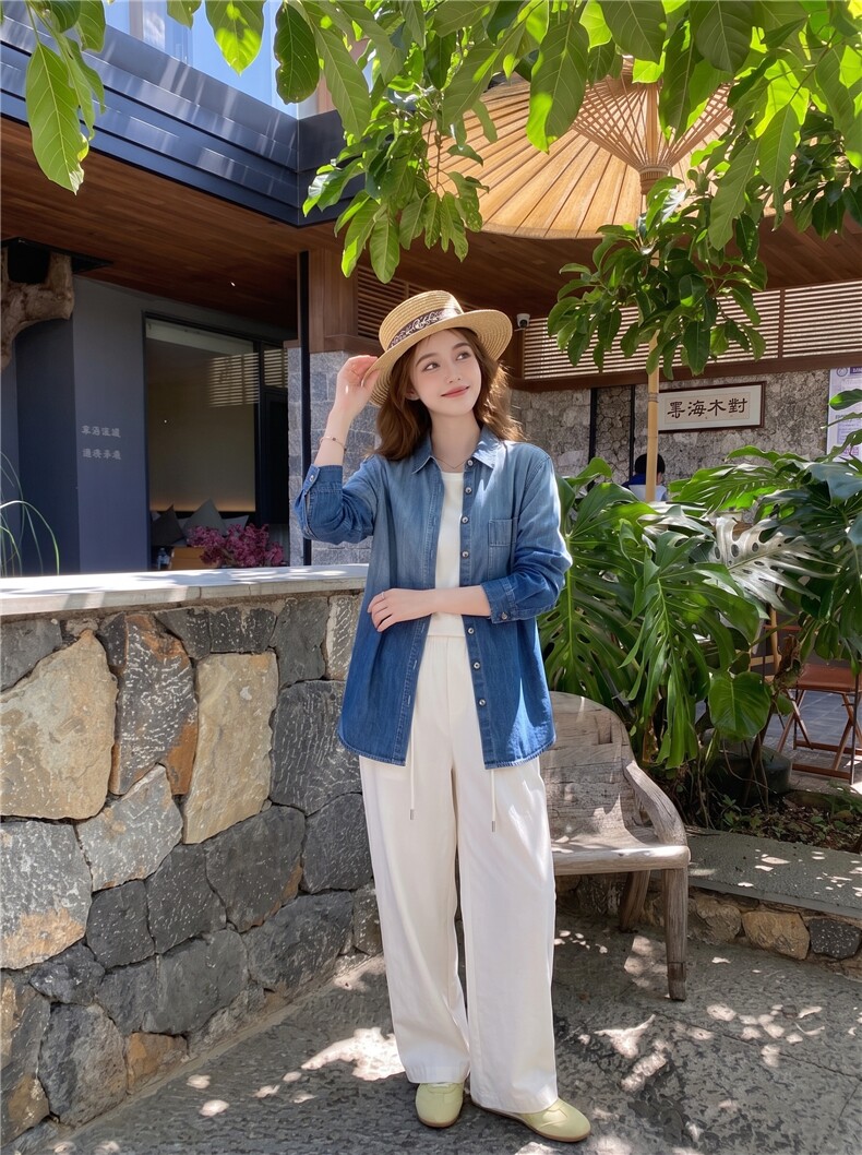 韩系氛围感渐变牛仔衬衫早秋宽松显瘦通勤外搭慵懒风长袖衬衣女,女装衬衫,艾米莉亚