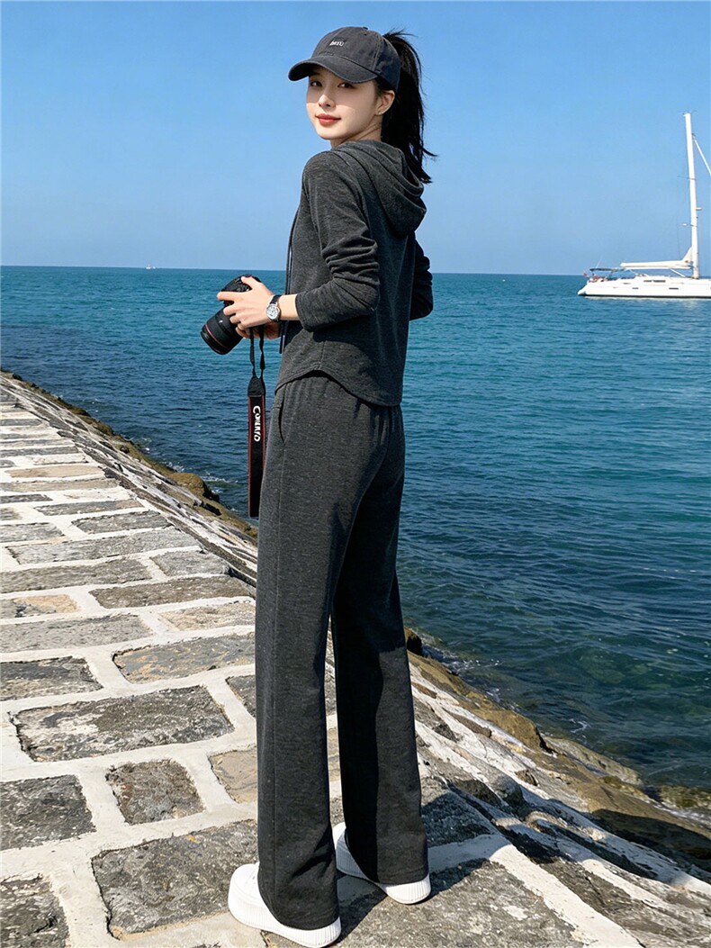 欧货休闲运动套装女春新款洋气显瘦连帽开衫卫衣高腰阔腿裤两件套,女装套装/套裙,江南