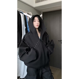 抖音得物高品质26春装美式高街铆钉杜宾犬耳朵开衫卫衣外套W125