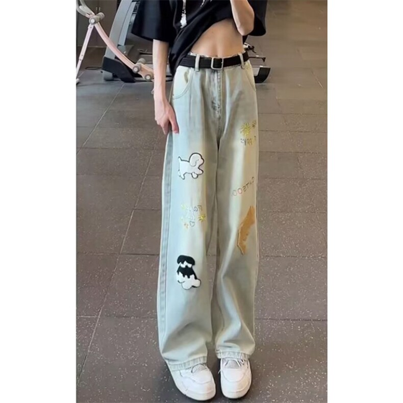 秋季黑色老虎刺绣牛仔裤男个性烫钻徽章修身直筒休闲长裤 NK0708图片