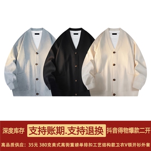 抖音得物高品质 秋冬美式高街重磅单排扣结构卫衣V领开衫外套W110图片
