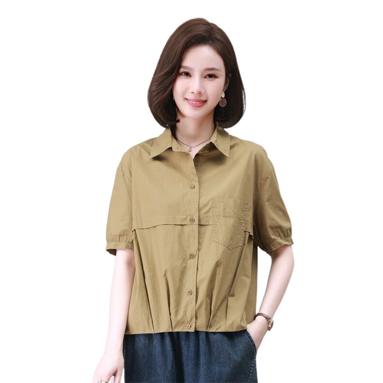 时尚宽松休闲抽绳上衣女短袖衬衫百搭显瘦气质衬衣,女装衬衫,叶笙衣