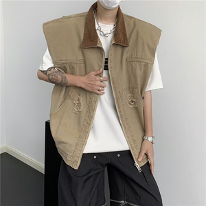 美式潮牛仔马甲男夏季cleanfit做旧工装垫肩无袖坎肩JK86300-p60图片