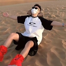 抖音得物高品质二开240克宽松纯棉美式潮牌插肩袖拼接短袖T恤，男装T恤，电商A486