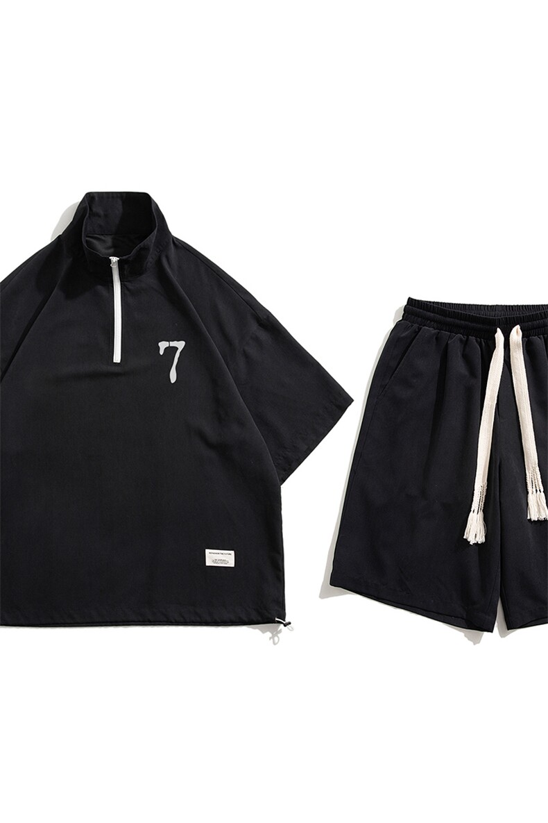 白底23新款夏季时尚百搭半拉链短袖潮流短裤套装TZ758P65控98,男装牛仔裤,电商A247-1