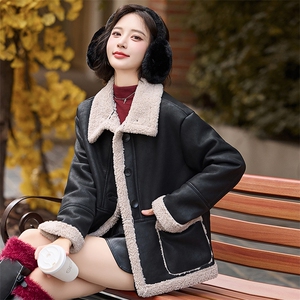 皮毛一体仿羊羔毛外套女短款2024新款秋冬季加绒机车服加厚皮夹克图片