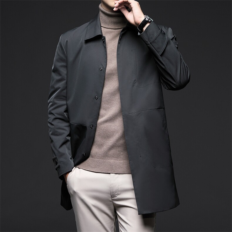 D33618春秋新款男士中长款风衣翻领外套简约通勤商务男装，男装风衣，电商B360