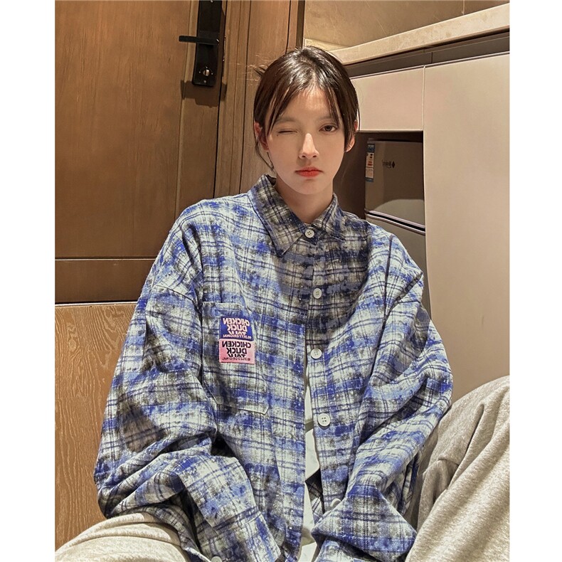 24中性风美式宽松长袖格子情侣衬衫小香风扎染外套男女H861P58,男装衬衫,电商A341