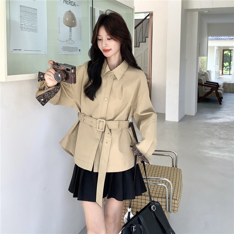 复古撞色拼接收腰显瘦风衣外套女春秋2025新款短款小个子流行大衣,女装风衣,2C135