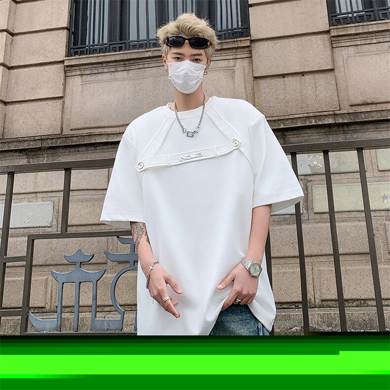夏季高级感短袖t恤男女小众解构金属扣设计感痞帅美式上衣,男装T恤,星座410-7