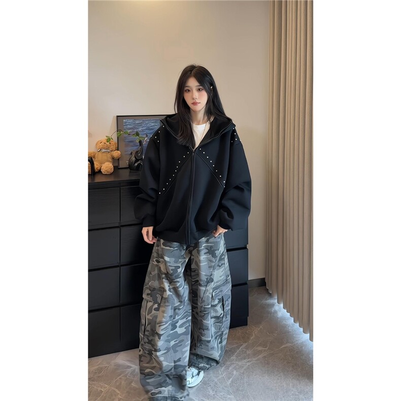 2025美式高街铆钉拉链连帽开衫卫衣女设计感宽松外套潮,女装短外套,星座1210-1