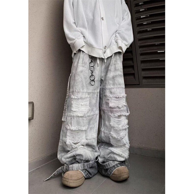 废土风扎染破洞牛仔裤2025夏季复古宽松阔腿裤工装裤子NY12，男装牛仔裤，星座1116A（原606A-3）