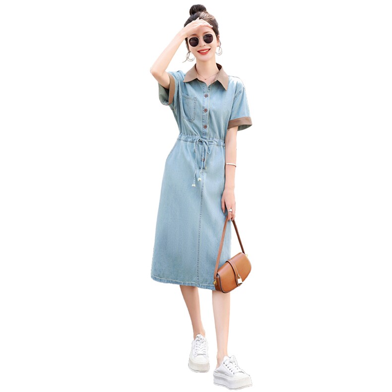 连衣裙夏季短袖新款2023韩版女装时尚翻领撞色束腰牛仔裙潮,女装连衣裙,冬木谷雨