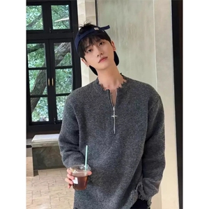 美式破坏感毛衣男女秋冬季慵懒风半拉链针织衫潮痞帅cleanfit外套图片