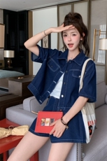 盐系复古牛仔衬衫上衣阔腿短裤套装女2025夏季新款甜酷减龄两件套，女装套装/套裙，2C212