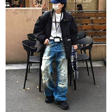 高街破洞脏染废土风牛仔裤男款秋冬季痞帅直筒阔腿长裤子N7644，男装牛仔裤，星座1116A（原606A-3）