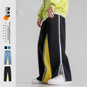 2025春夏新款侧边拉链拼接格子直筒裤休闲裤黑 GK66-P65图片