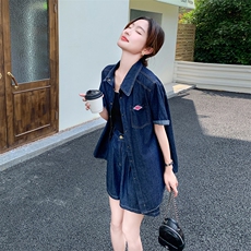 薄款牛仔衬衫短裤两件套装女夏显瘦遮肉美式小个子显高流行炸街，女装套装/套裙，2C262
