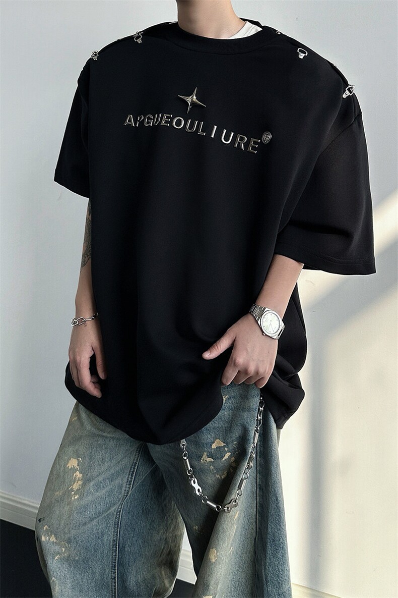 8XL-M夏季小众解构飞机扣一字肩设计稿短袖立体T恤卫衣男DX331P58,男装T恤,电商D206-1