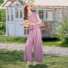 现货。薄款亚麻阔腿裤两件套时尚气质无袖上衣九分裤套装，女装套装/套裙，E百度