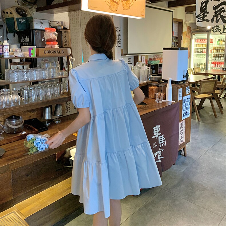 蓝色气质减龄学院风衬衫裙女中长款2024夏新款法式宽松洋气连衣裙,女装连衣裙,纯色衣恋