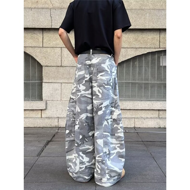 美式复古白迷彩阔腿工装裤潮牌宽松设计感牛仔裤X8062-P60,男装牛仔裤,星座208-5