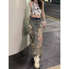 新款美式复古夏季辣妹个性痞帅酷破洞牛仔裤直筒宽松拖地裤，男装牛仔裤，星座506A