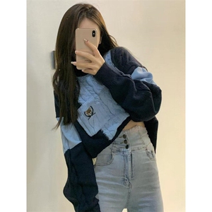 纽花毛衣拼色套头圆领软糯针织衫女男宽松加厚秋冬毛衣 MA608图片