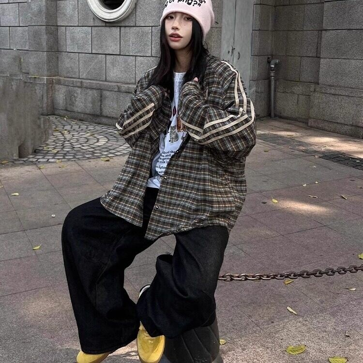 美式潮牌格子衬衫字母刺绣条纹衬衣外套宽松长袖上衣潮JKK03P55,男装衬衫,电商D256-2(原A064-2)