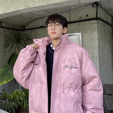 港风立领PU皮复古做旧金属印花字母设计棉衣男MY77732P130控178，男装棉衣，星座227-7