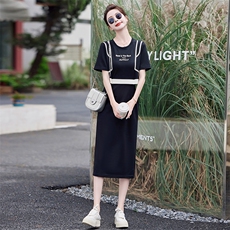 现货A字裙2026年短袖中裙H型套头中腰圆领通勤拼色中裙优雅连衣裙，女装连衣裙，尚洛菲