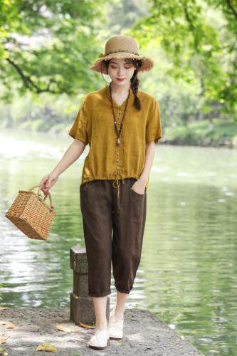 【现货】一排扣纯亚麻小上衣 拼接八分小脚裤，女装，依鼎衣典